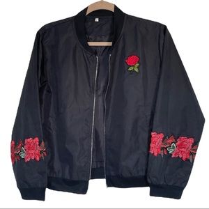 Women Black Jacket Floral Red Rose Embroidery Size L